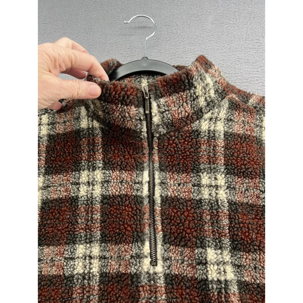 VTG Banana Republic Pullover Mens Large Plaid Sherpa Fleece Quarter Zip Burgundy